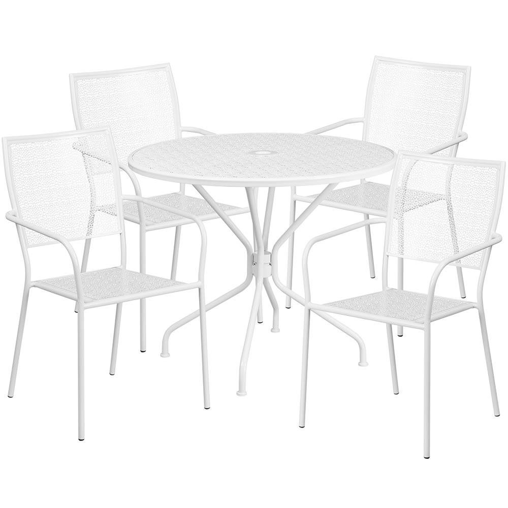 916-CO35RD02CHR4WH 35 1/4" Round Patio Table & (4) Square Back Arm Chair Set - Steel, Wh...