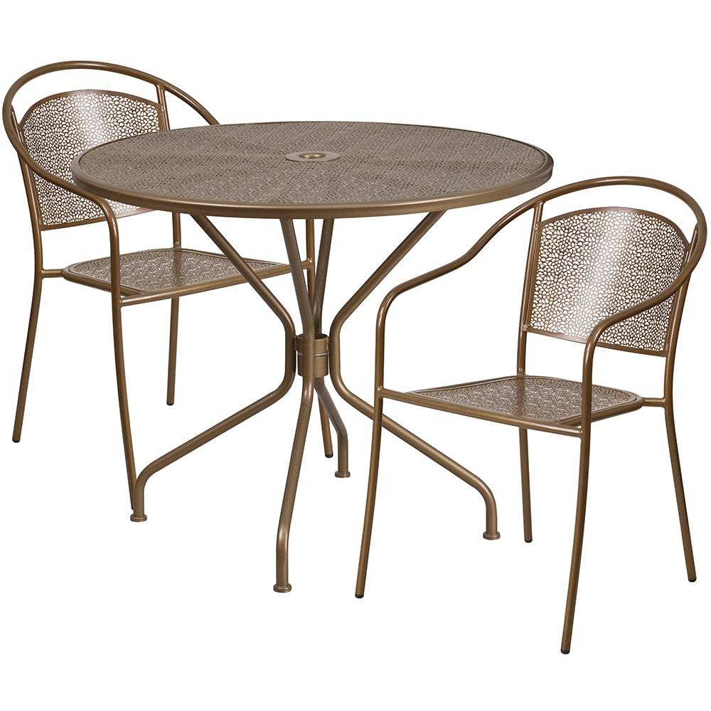 916-CO35RD03CHR2GD 35 1/4" Round Patio Table & (2) Round Back Arm Chair Set - Steel, Gol...