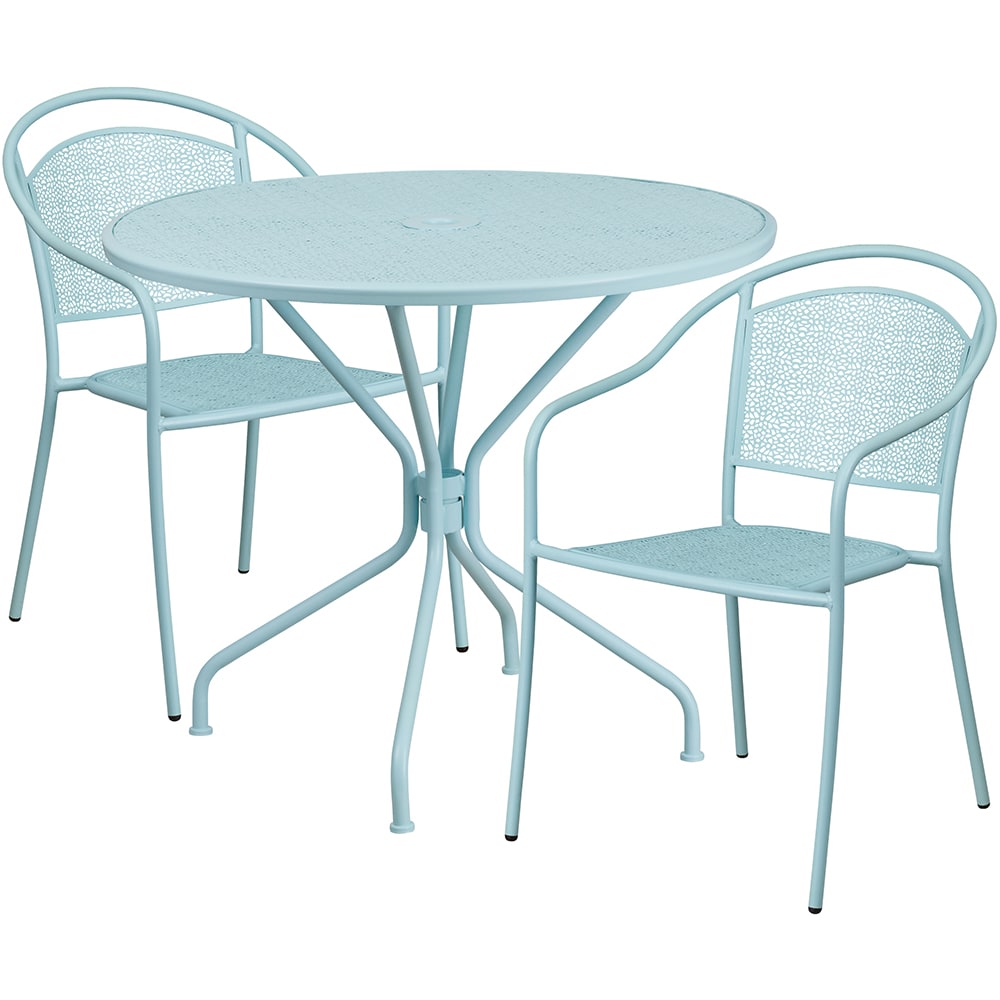 916-CO35RD03CHR2SKY 35 1/4" Round Patio Table & (2) Round Back Arm Chair Set - Steel, Sk...