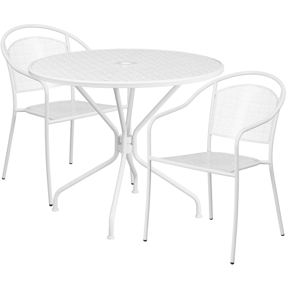 916-CO35RD03CHR2WH 35 1/4" Round Patio Table & (2) Round Back Arm Chair Set - Steel, Whi...