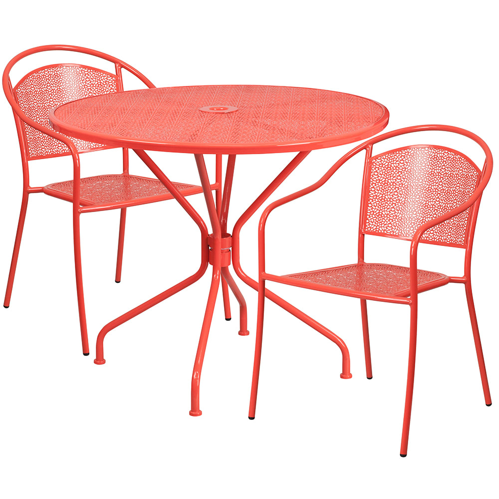 916-CO35RD03CHR2RED 35 1/4" Round Patio Table & (2) Round Back Arm Chair Set - Steel, Co...