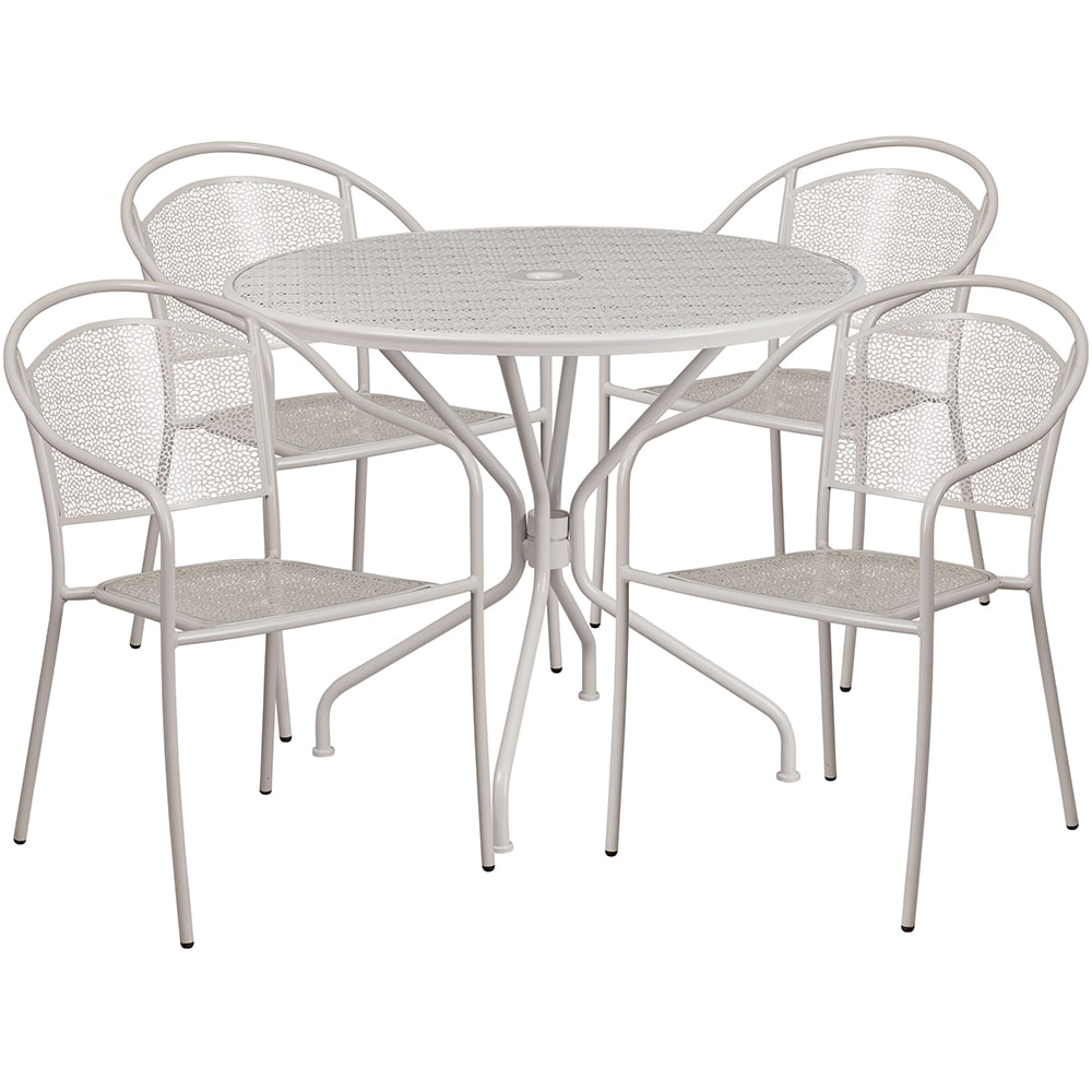 916-CO35RD03CHR4SIL 35 1/4" Round Patio Table & (4) Round Back Arm Chair Set - Steel, Li...