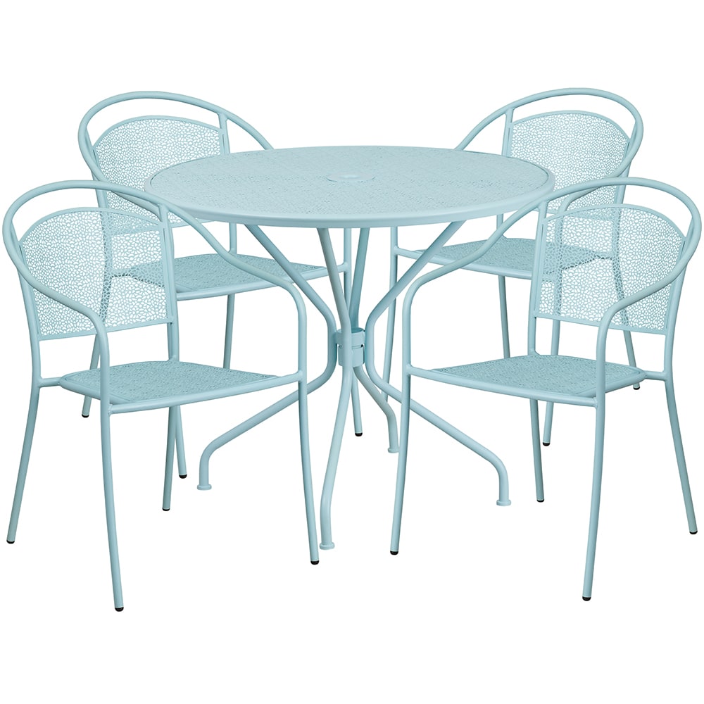 Flash Furniture CO-35RD-03CHR4-SKY-GG 35 1/4" Round Patio Table & (4) Round Back Arm Chair Set - Steel, Sky Blue