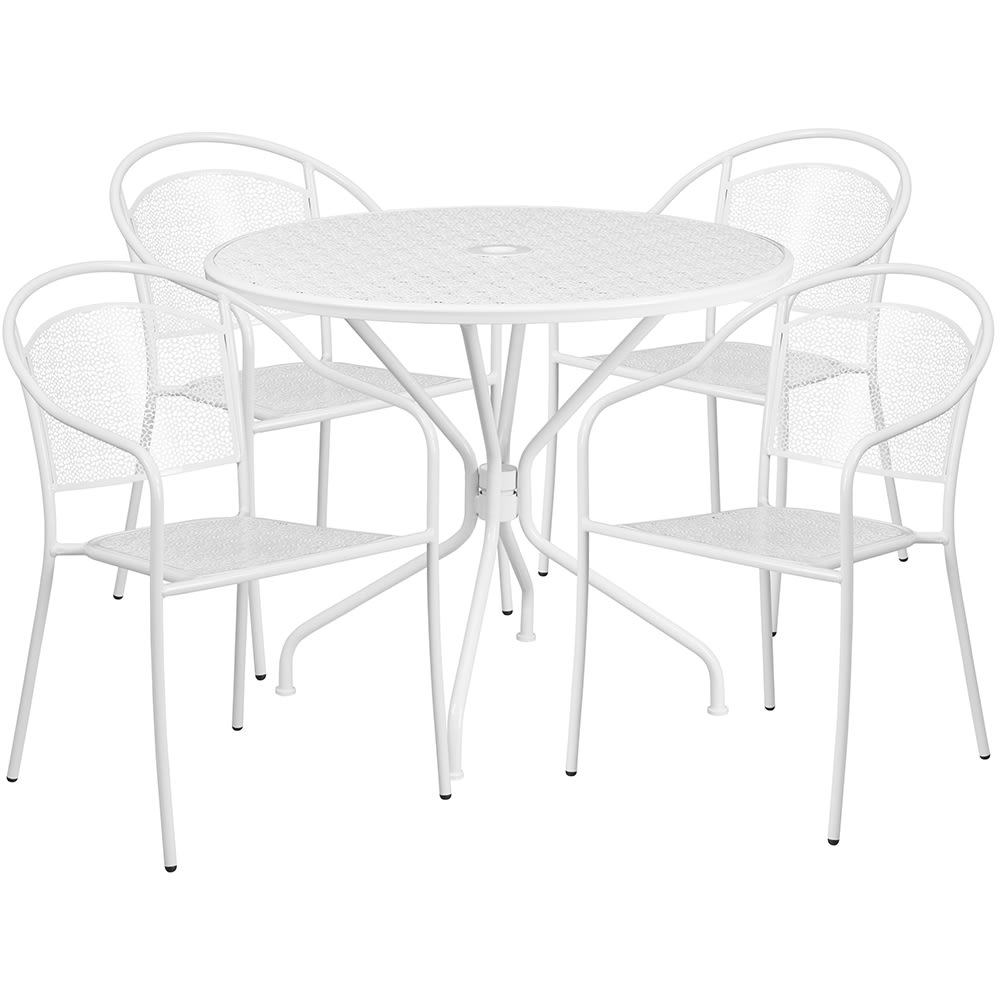 916-CO35RD03CHR4WH 35 1/4" Round Patio Table & 4 Round Back Arm Chair Set - Steel, White