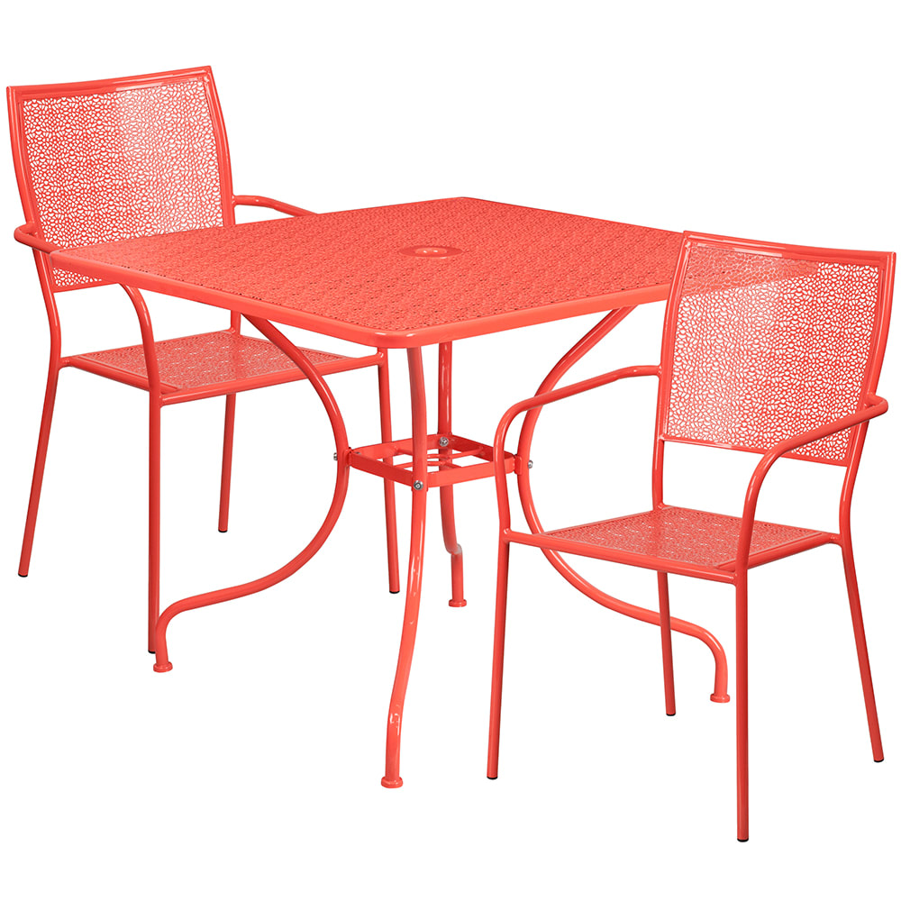 916-CO35SQ02CHR2RED 35 1/4" Square Patio Table & (2) Square Back Arm Chair Set - Steel,...