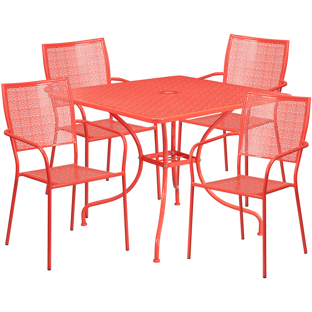 916-CO35SQ02CHR4RED 35 1/4" Square Patio Table & (4) Square Back Arm Chair Set - Steel,...