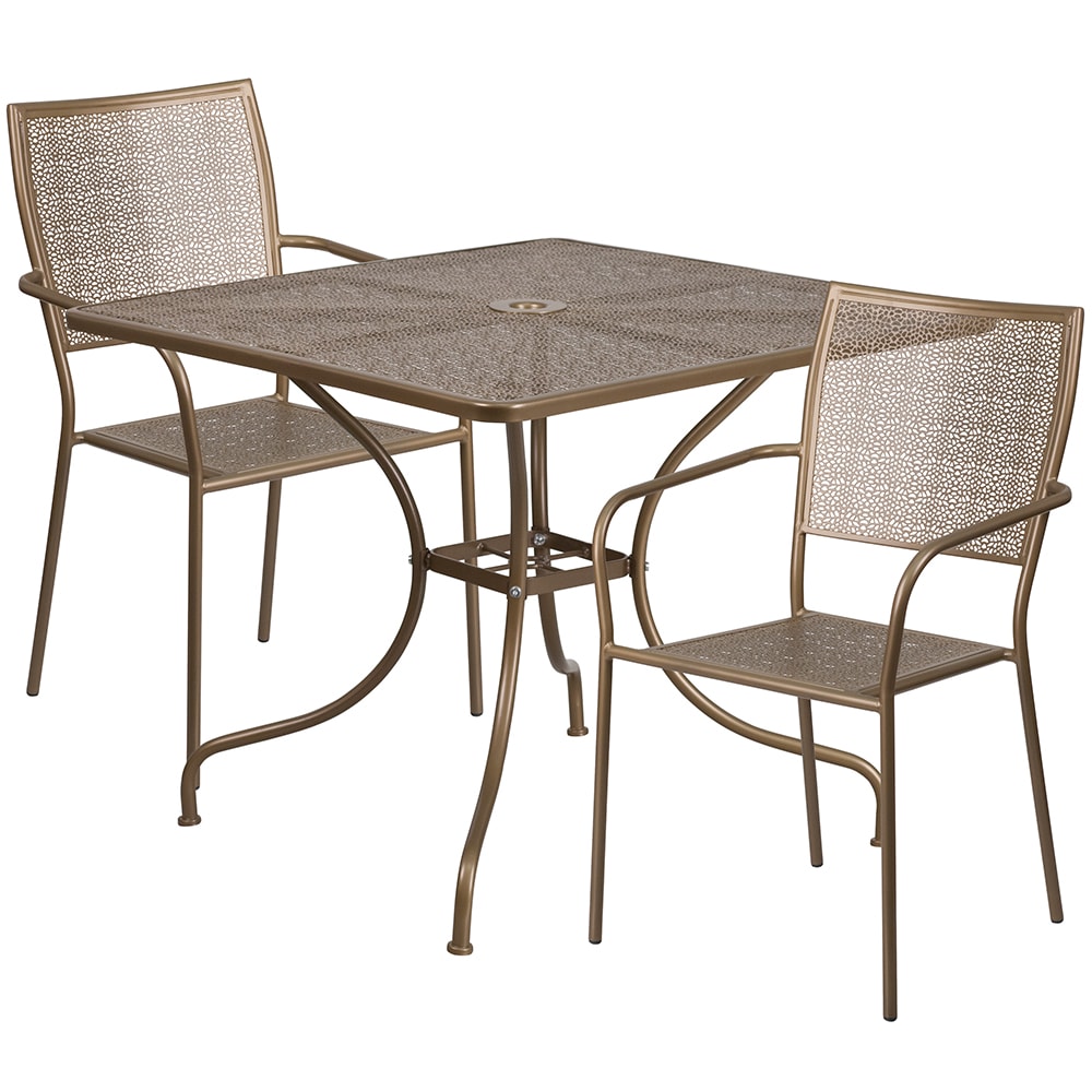 916-CO35SQ02CHR2GD 35 1/4" Square Patio Table & (2) Square Back Arm Chair Set - Steel, G...