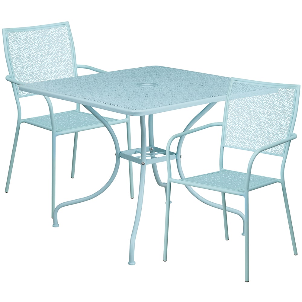 916-CO35SQ02CHR2SKY 35 1/4" Square Patio Table & (2) Square Back Arm Chair Set - Steel,...