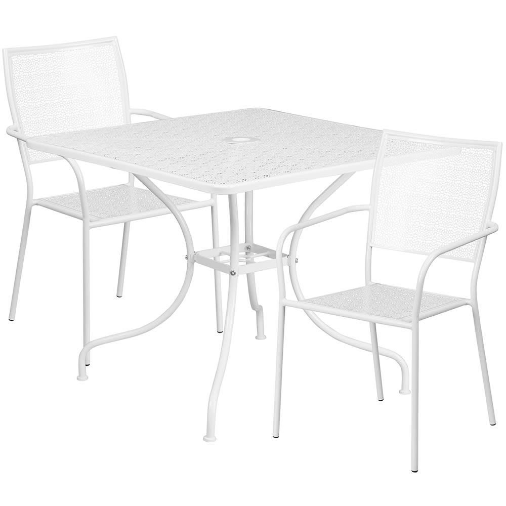 916-CO35SQ02CHR2WH 35 1/4" Square Patio Table & (2) Square Back Arm Chair Set - Steel, W...