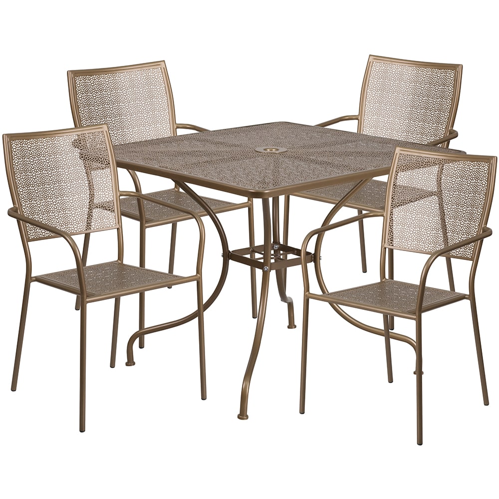 916-CO35SQ02CHR4GD 35 1/4" Square Patio Table & (4) Square Back Arm Chair Set - Steel, G...