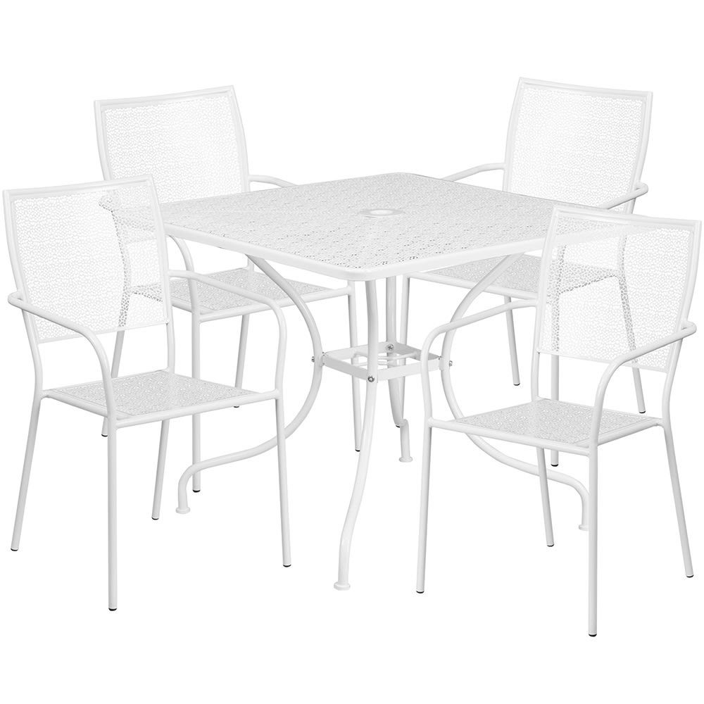 916-CO35SQ02CHR4WH 35 1/4" Square Patio Table & (4) Square Back Arm Chair Set - Steel, W...