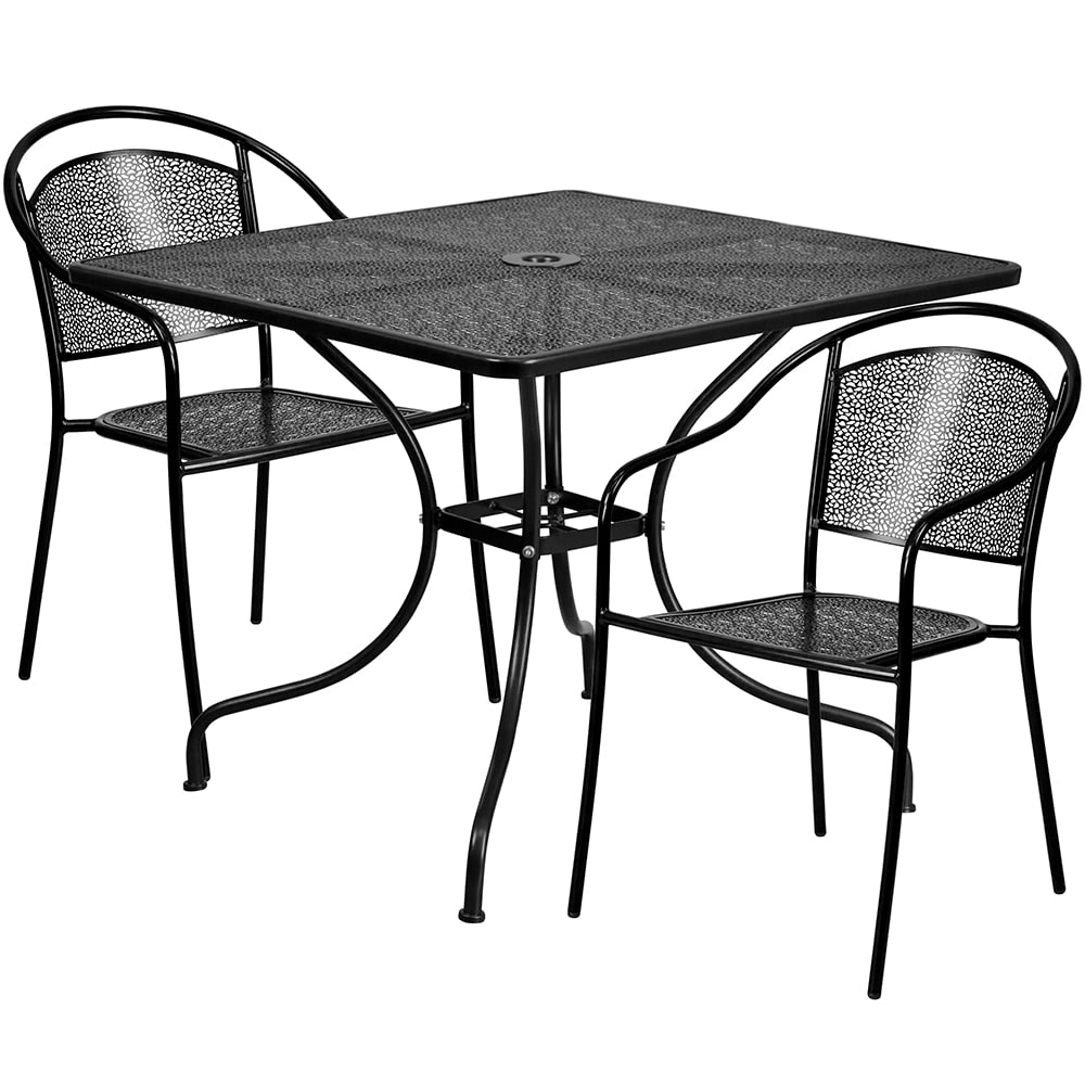 916-CO35SQ03CHR2BK 35 1/4" Square Patio Table & (2) Round Back Arm Chair Set - Steel, Bl...
