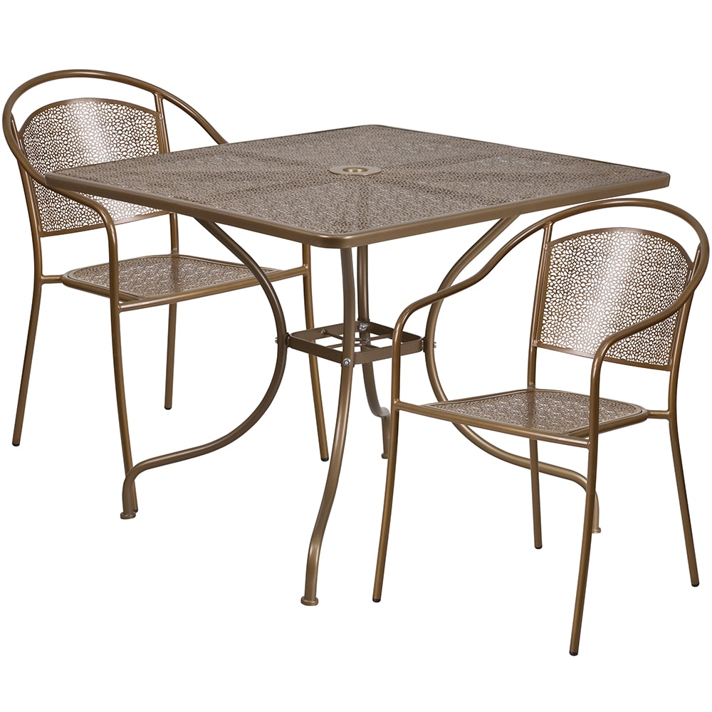 916-CO35SQ03CHR2GD 35 1/4" Square Patio Table & (2) Round Back Arm Chair Set - Steel, Go...