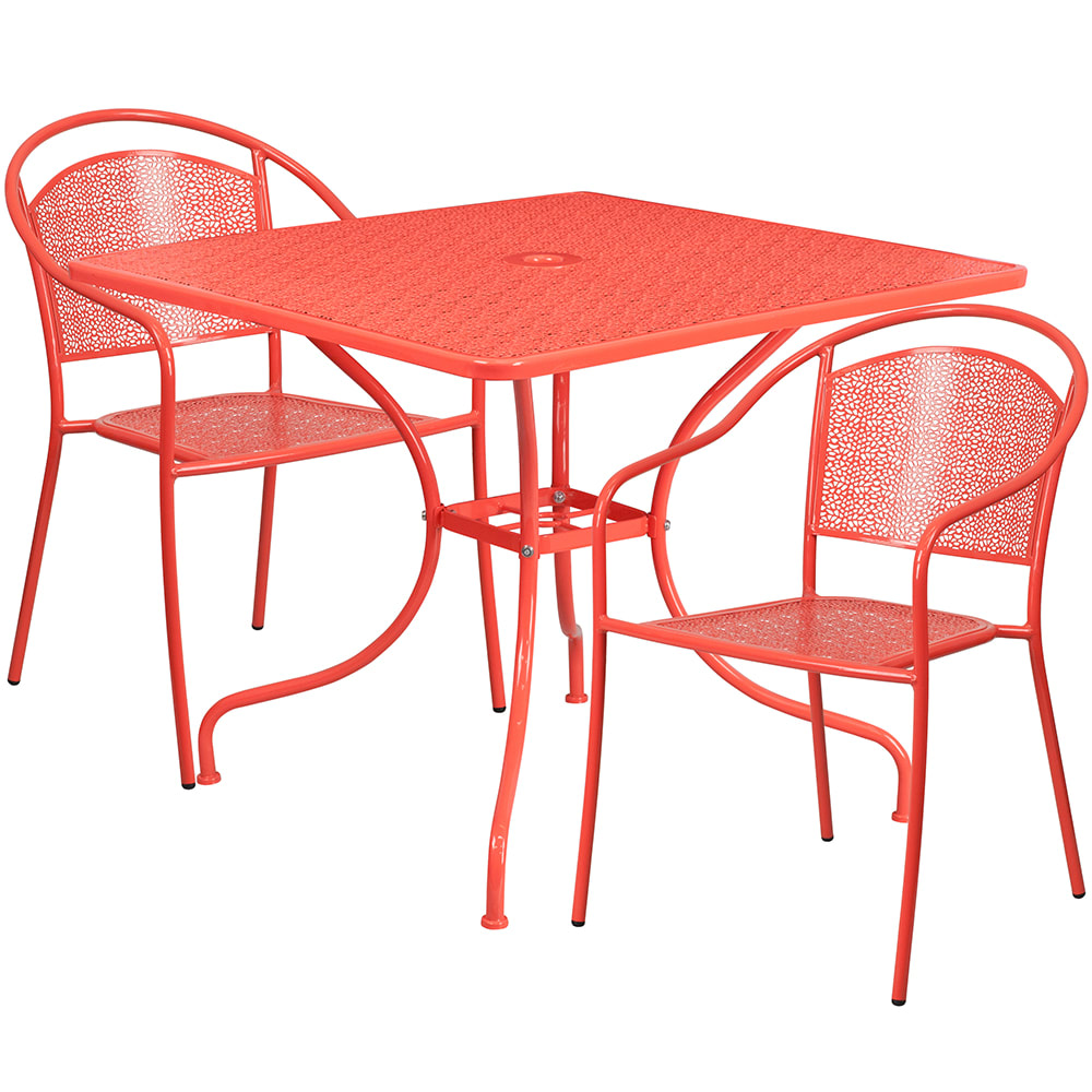 916-CO35SQ03CHR2RED 35 1/4" Square Patio Table & (2) Round Back Arm Chair Set - Steel, C...