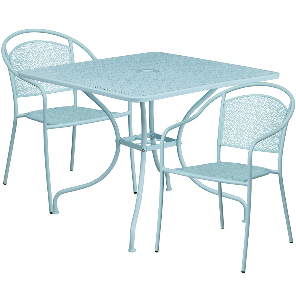 916-CO35SQ03CHR2SKY 35 1/4" Square Patio Table & (2) Round Back Arm Chair Set - Steel, S...