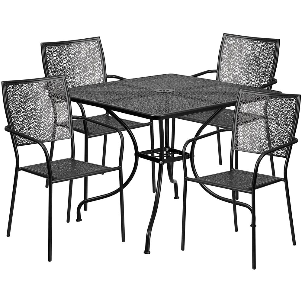 916-CO35SQ02CHR4BK 35 1/4" Square Patio Table & (4) Square Back Arm Chair Set - Steel, B...