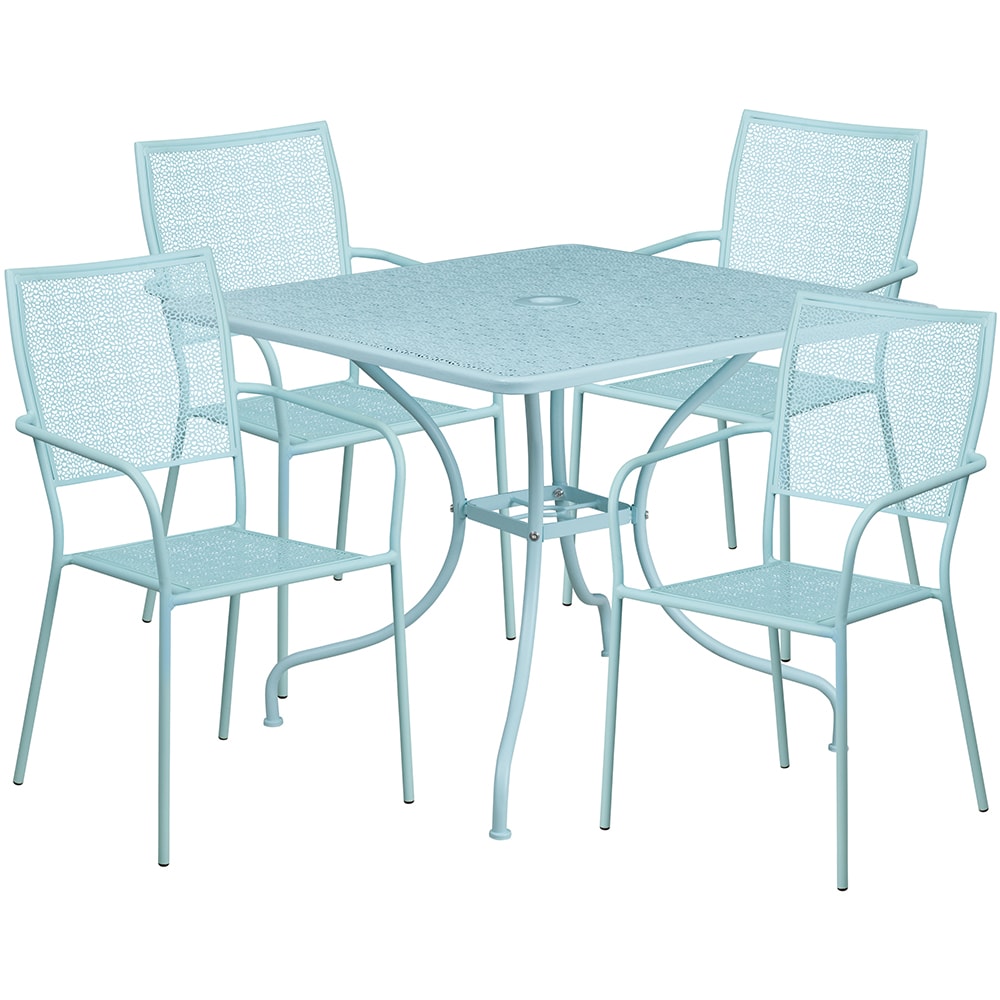 916-CO35SQ02CHR4SKY 35 1/4" Square Patio Table & (4) Square Back Arm Chair Set - Steel,...