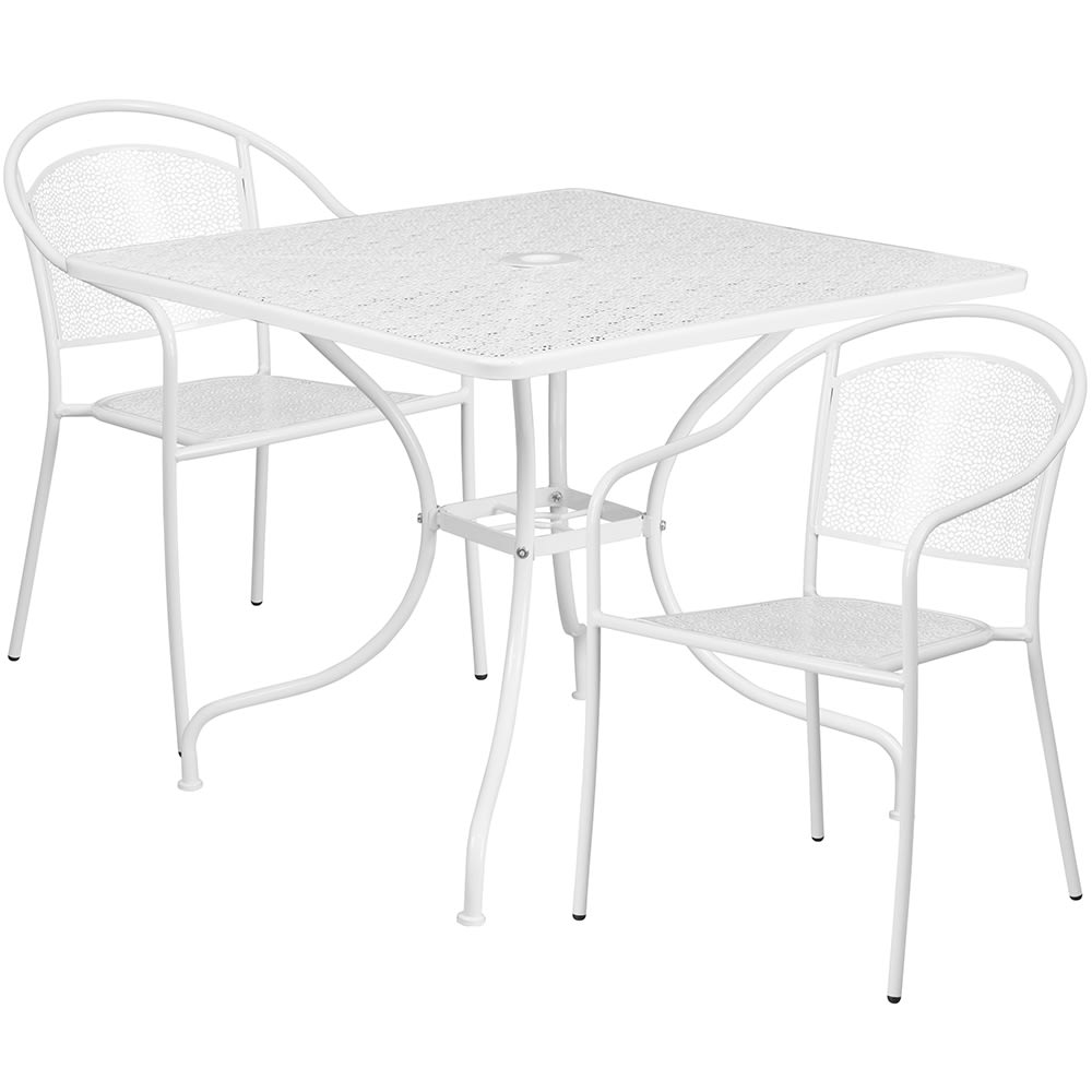 916-CO35SQ03CHR2WH 35 1/4" Square Patio Table & (2) Round Back Arm Chair Set - Steel, Wh...