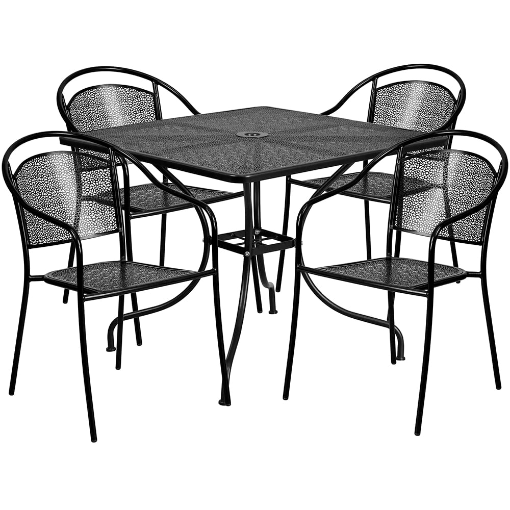 916-CO35SQ03CHR4BK 35 1/4" Square Patio Table & (4) Round Back Arm Chair Set - Steel, Bl...