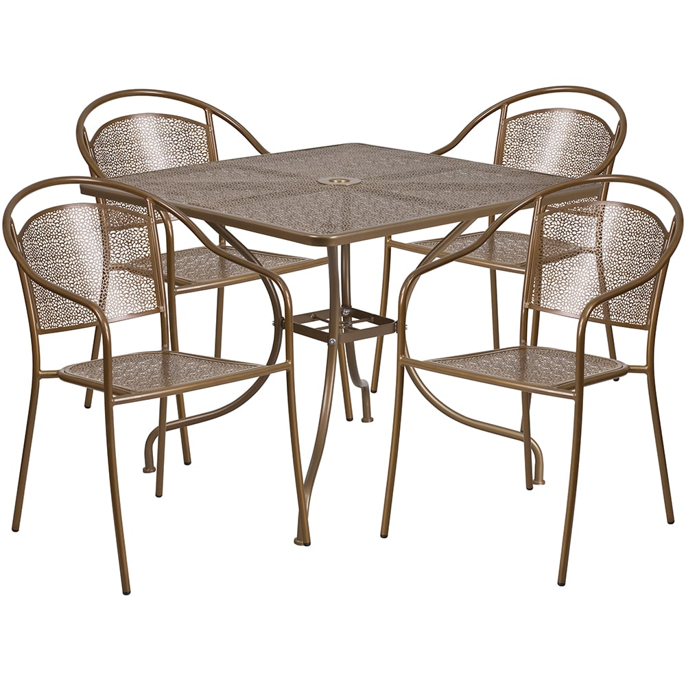 916-CO35SQ03CHR4GD 35 1/4" Square Patio Table & (4) Round Back Arm Chair Set - Steel, Go...