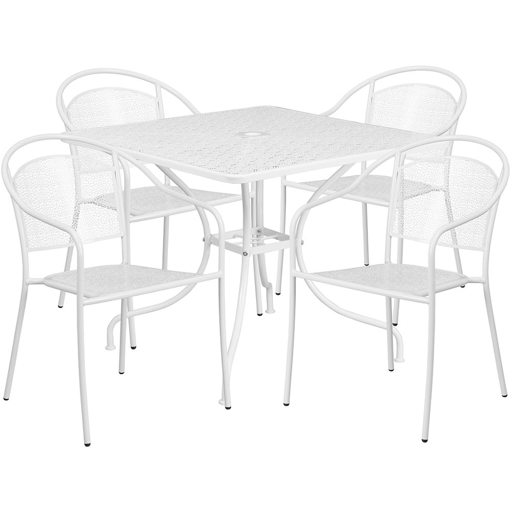 916-CO35SQ03CHR4WH 35 1/4" Square Patio Table & (4) Round Back Arm Chair Set - Steel, Wh...