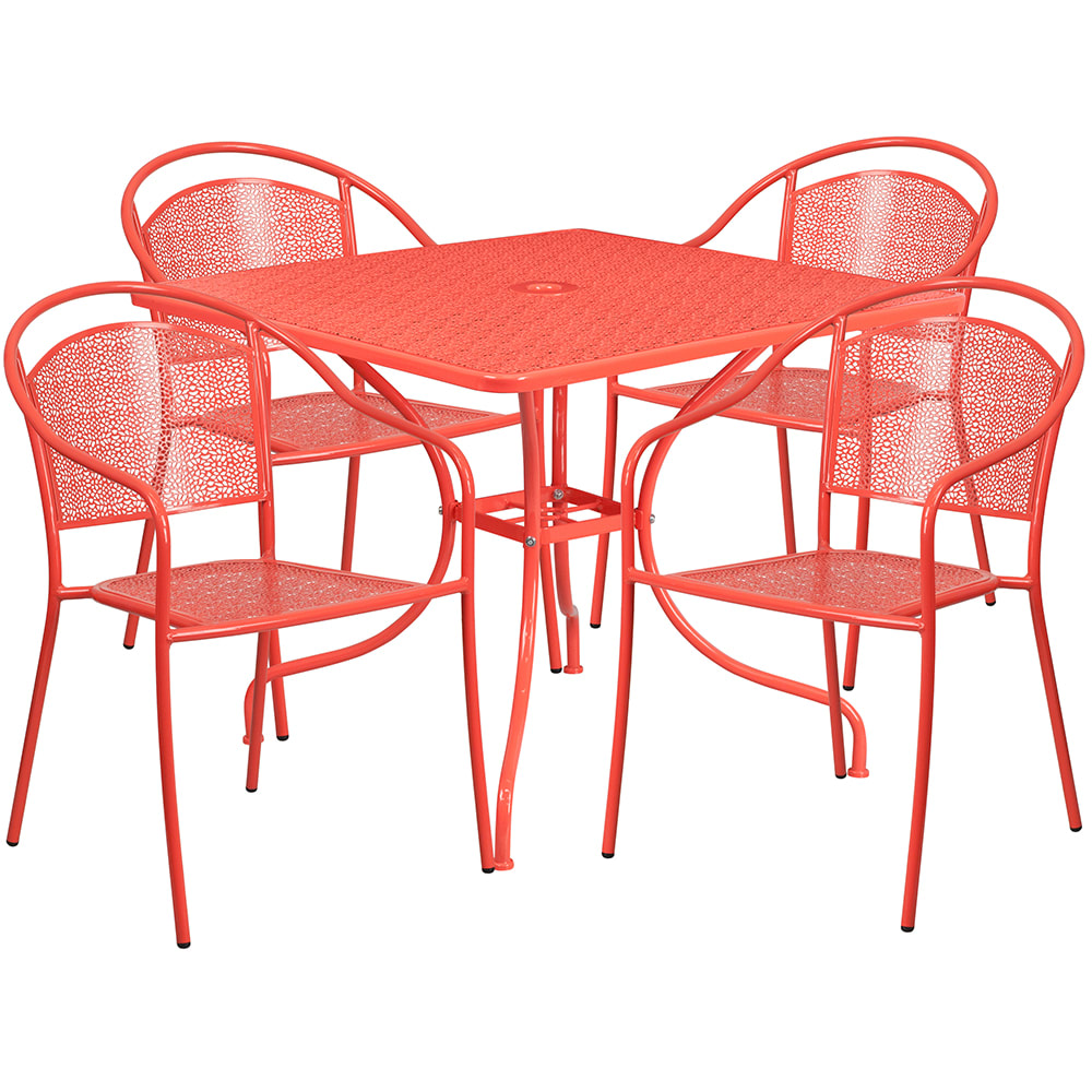 916-CO35SQ03CHR4RED 35 1/4" Square Patio Table & (4) Round Back Arm Chair Set - Steel, C...