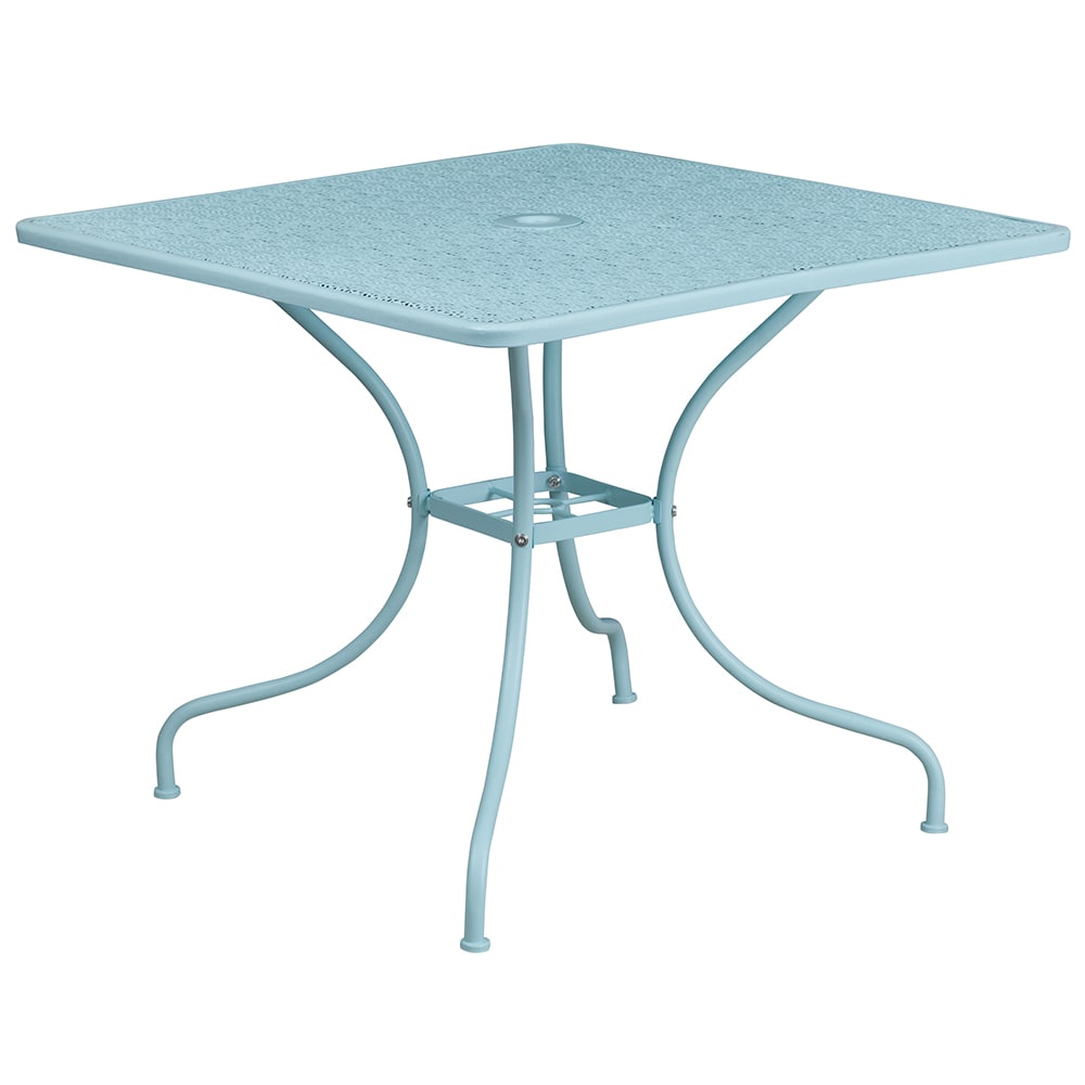 916-CO6SKY 35 1/2" Square Patio Table w/ Rain Flower Design Top & Umbrella Hole - Steel,...