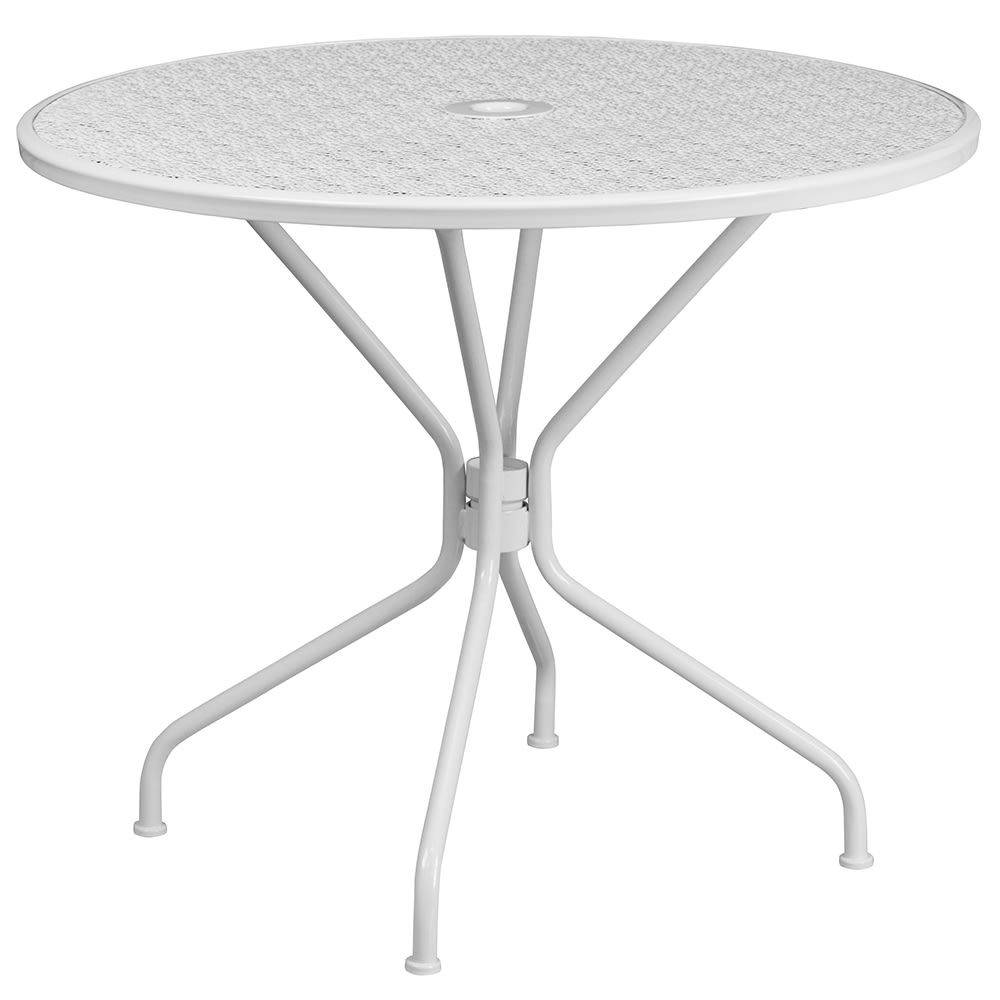 916-CO7WH 35 1/4" Round Patio Table w/ Rain Flower Design Top & Umbrella Hole - Steel, W...