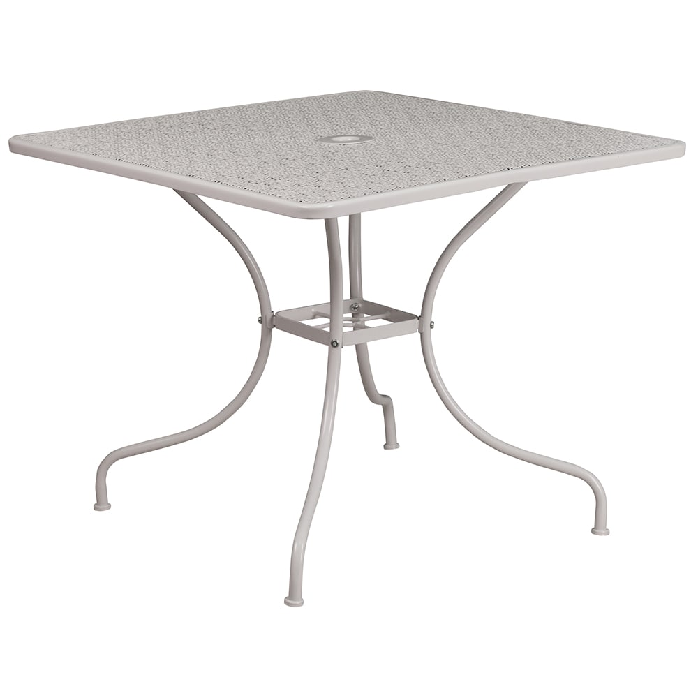 916-CO6SIL 35 1/2" Square Patio Table w/ Rain Flower Design Top & Umbrella Hole - Steel,...