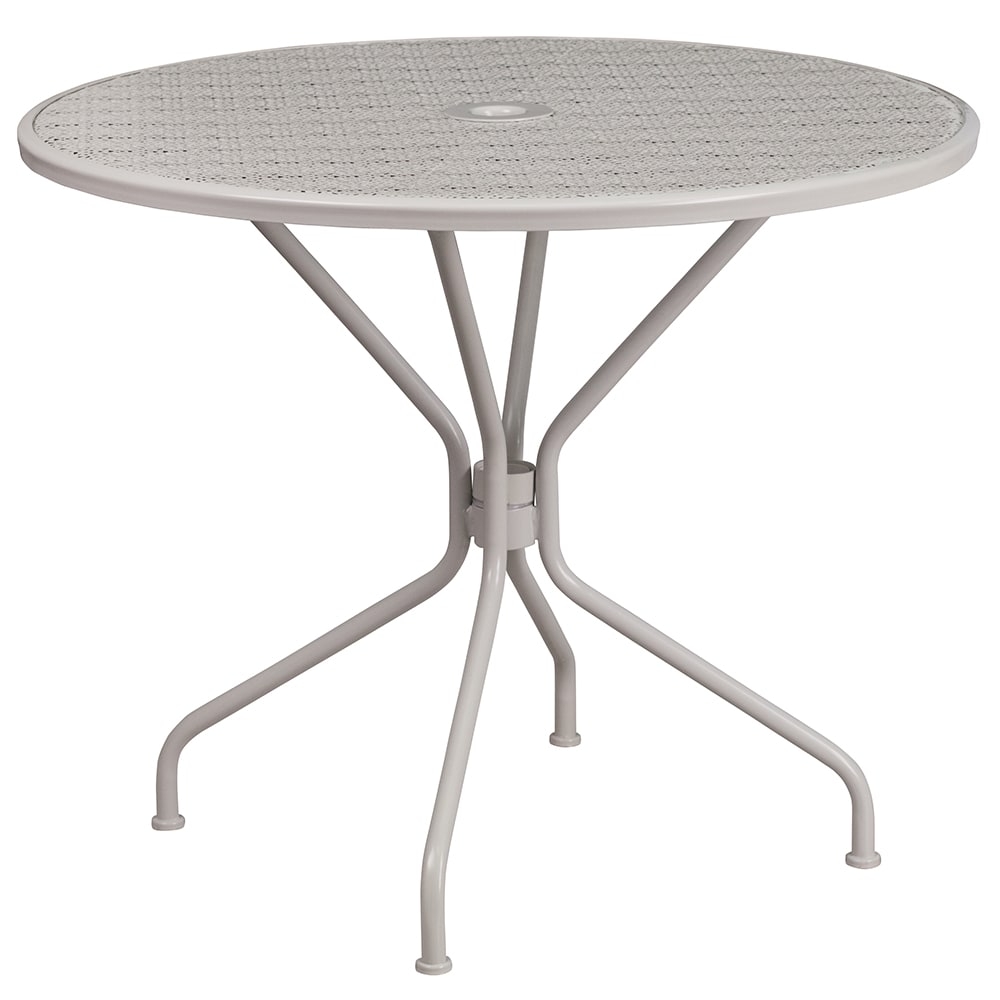 916-CO7SIL 35 1/4" Round Patio Table w/ Rain Flower Design Top & Umbrella Hole - Steel,...