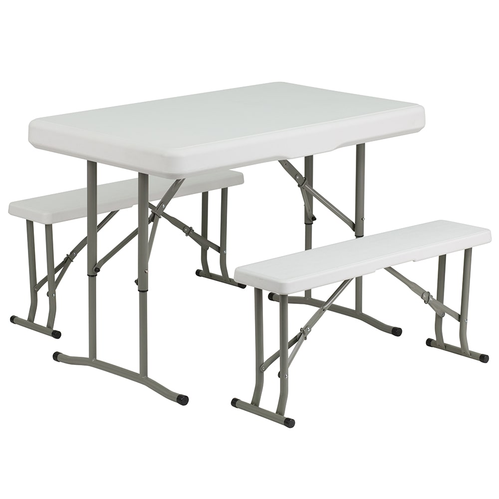 916-DADYCZ103 Folding Table & (2) Benches Set - White Plastic Top, 41"W x 25 1/2"D...