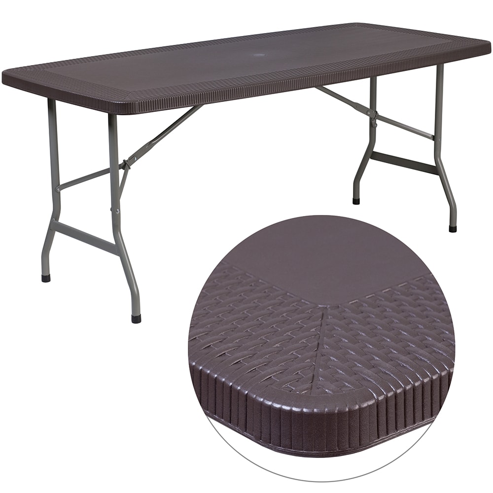 916-DADYCZ172 67 1/2" Round Folding Table w/ Brown Plastic Rattan Pattern Top, 28 3/4"H