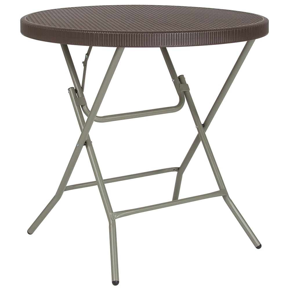 916-DADFT80R 31 1/2" Round Folding Table w/ Brown Plastic Rattan Pattern Top, 30 1/4"H