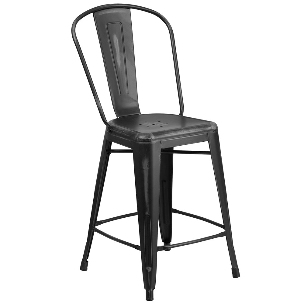 916-ET353424BK Counter Height Bar Stool w/ Curved Back & Metal Seat, Distressed Black