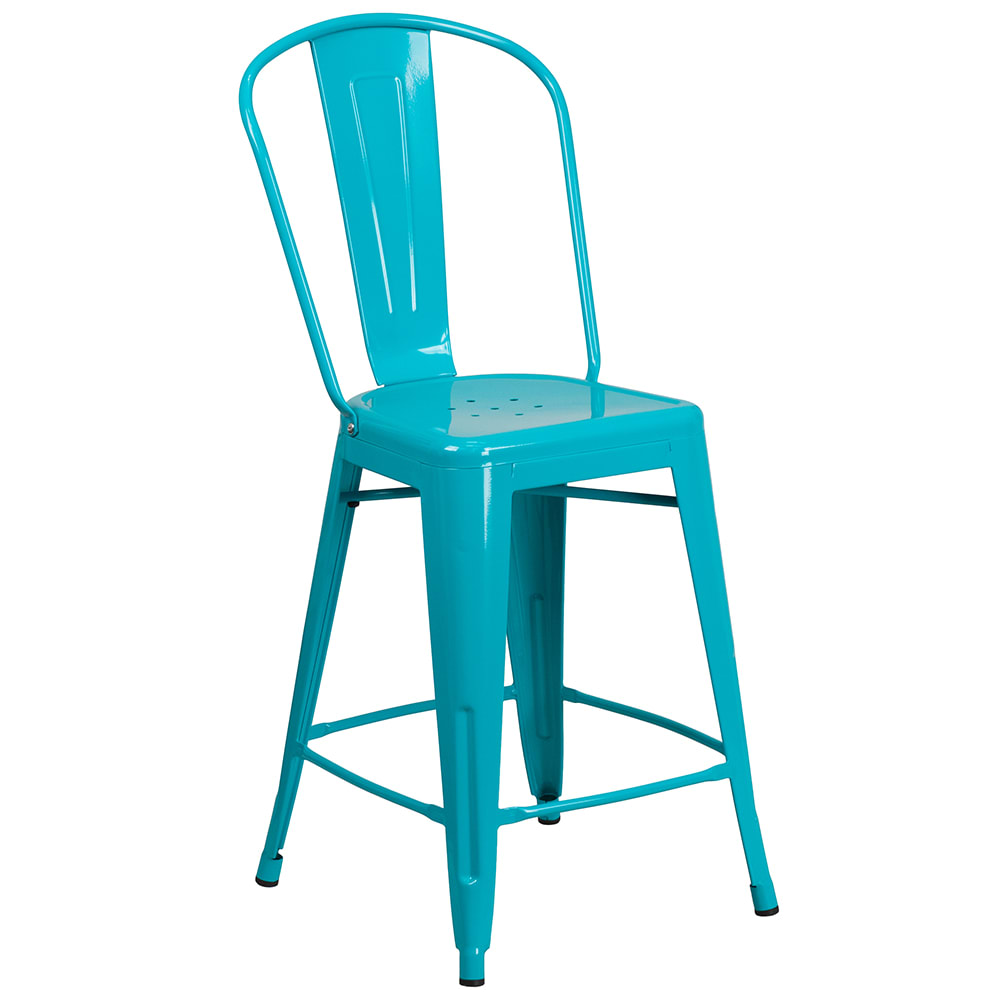 916-ET353424CB Counter Height Bar Stool w/ Curved Back & Metal Seat, Crystal Teal Blue