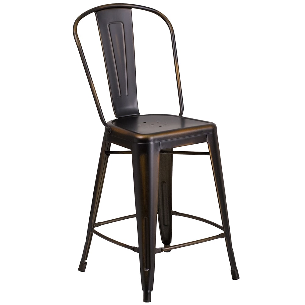 916-ET353424COP Counter Height Bar Stool w/ Curved Back & Metal Seat, Distressed Copper