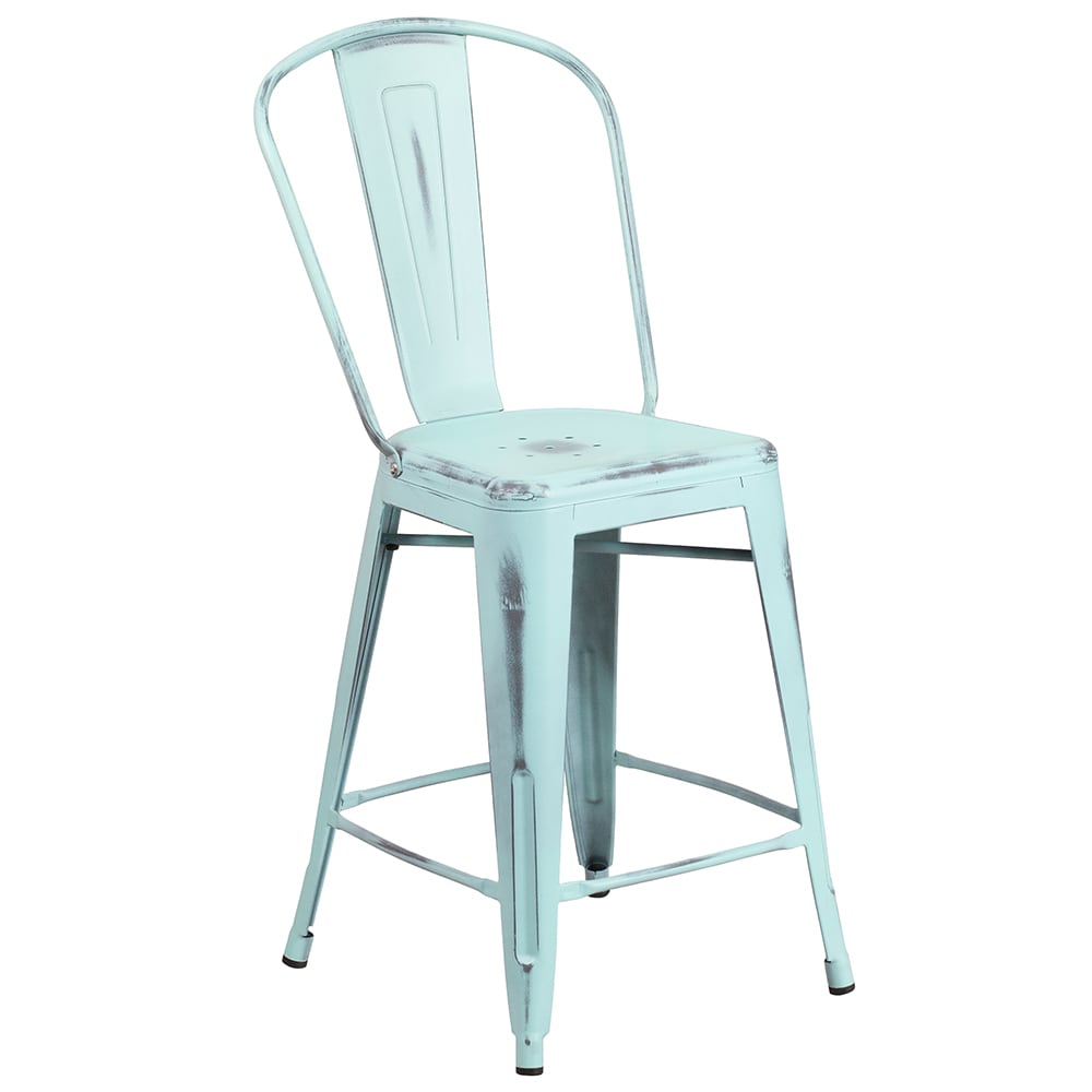 916-ET353424DB Counter Height Bar Stool w/ Curved Back & Metal Seat, Distressed Green Blue