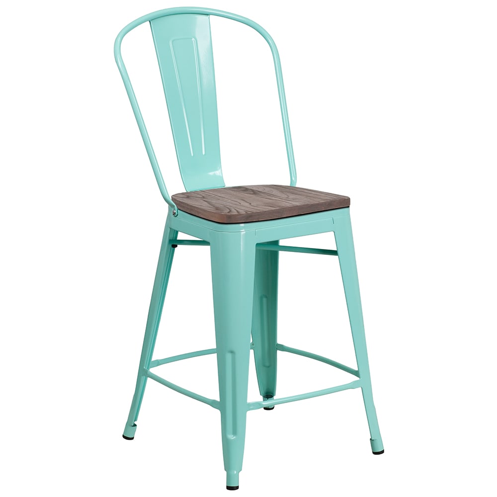 916-ET353424MINTWD Counter Height Bar Stool w/ Curved Back & Wood Seat, Mint