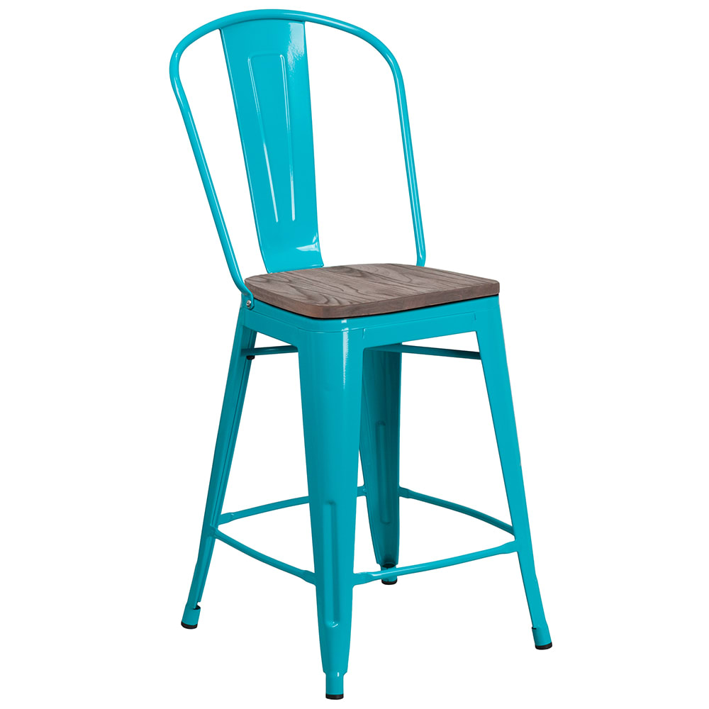 916-ET353424CBWD Counter Height Bar Stool w/ Curved Back & Wood Seat, Crystal Teal Blue