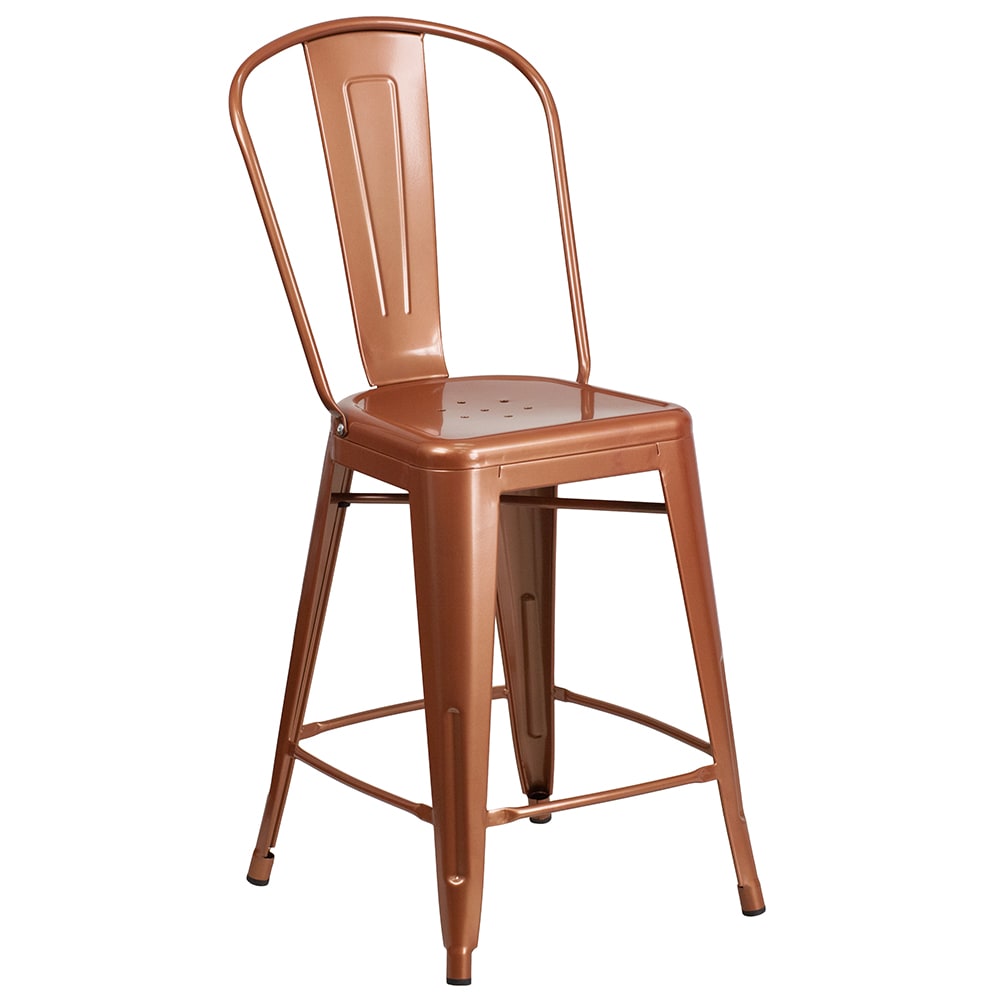 916-ET353424POC Counter Height Bar Stool w/ Curved Back & Metal Seat, Copper