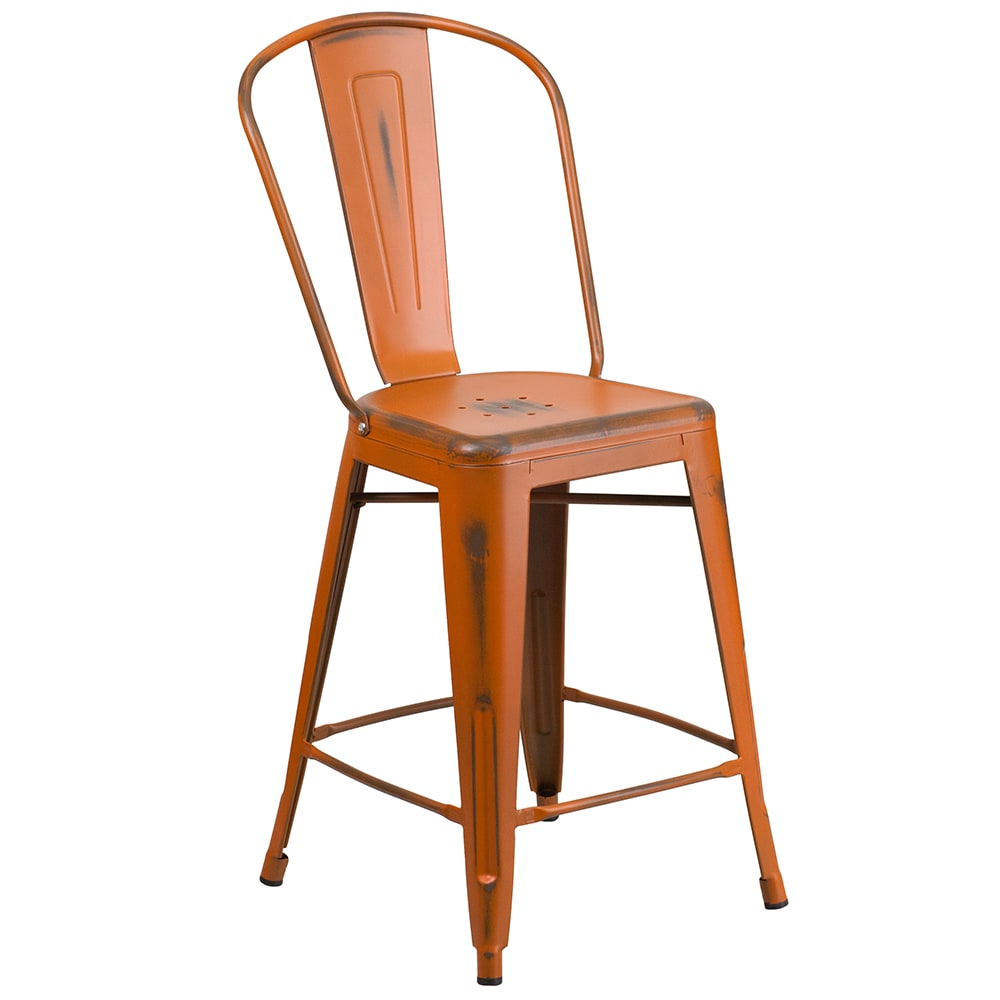 916-ET353424OR Counter Height Bar Stool w/ Curved Back & Metal Seat, Distressed Orange