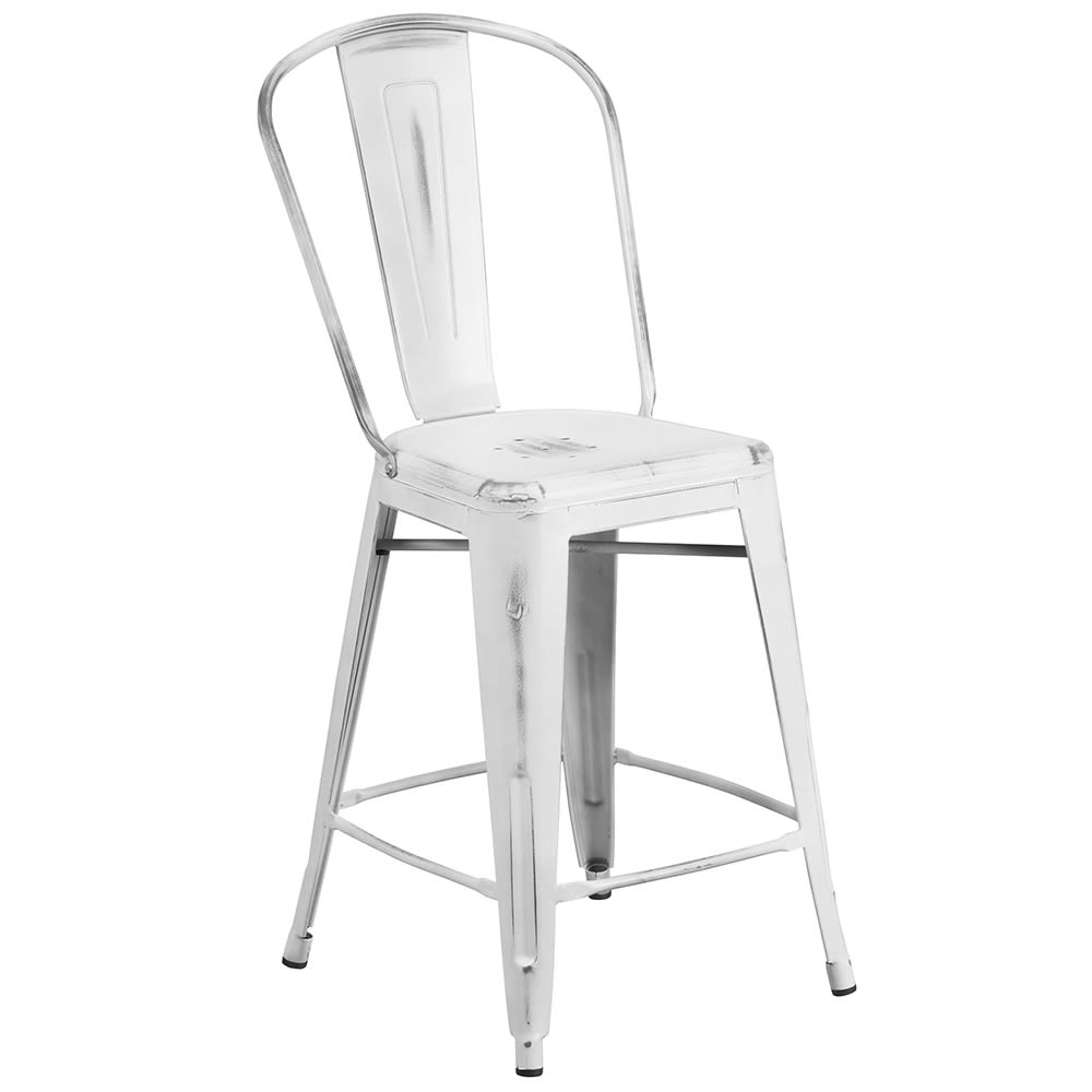 916-ET353424WH Counter Height Bar Stool w/ Curved Back & Metal Seat, Distressed White