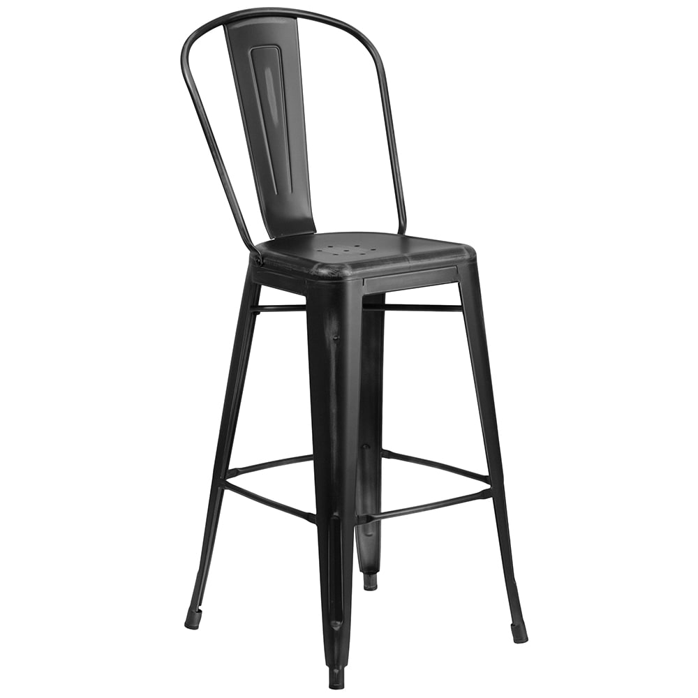 916-ET353430BKGG Bar Stool w/ Curved Back & Metal Seat, Distressed Black