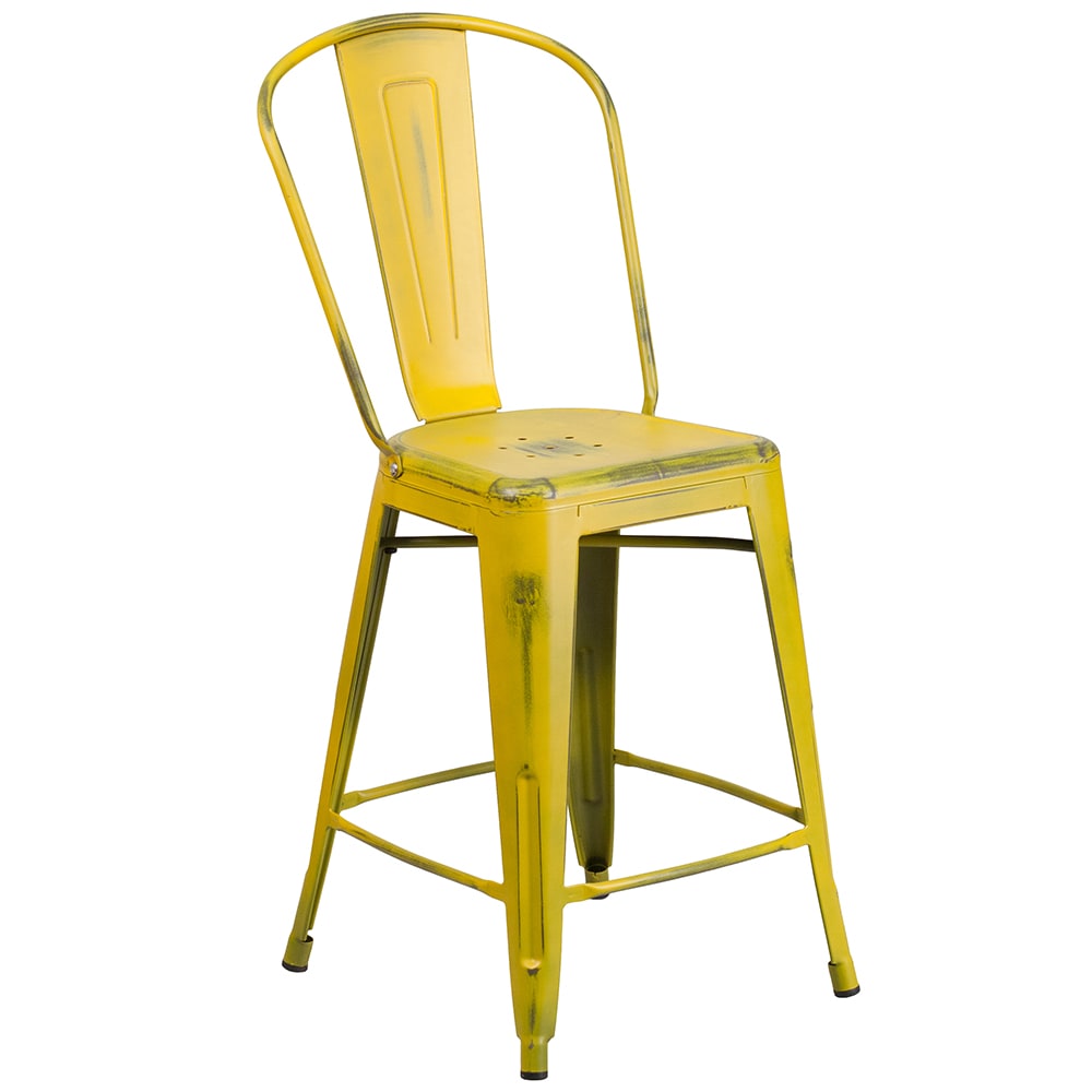 916-ET353424YL Counter Height Bar Stool w/ Curved Back & Metal Seat, Distressed Yellow