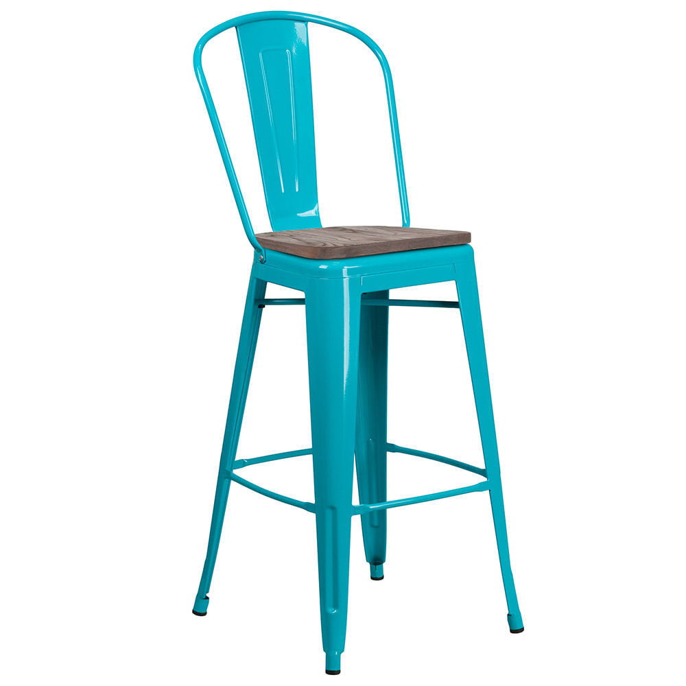 916-ET353430CBWD Bar Stool w/ Curved Back & Wood Seat, Crystal Teal Blue