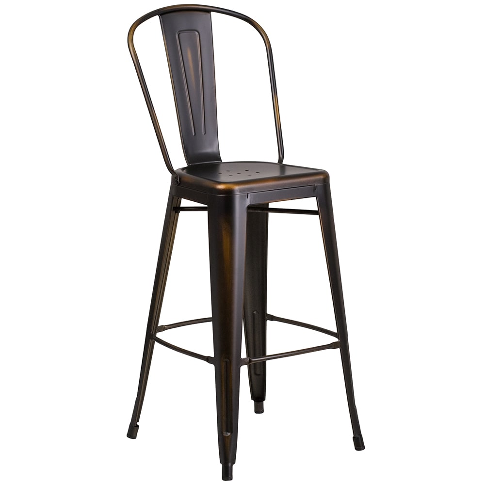 916-ET353430COPGG Bar Stool w/ Curved Back & Metal Seat, Distressed Copper