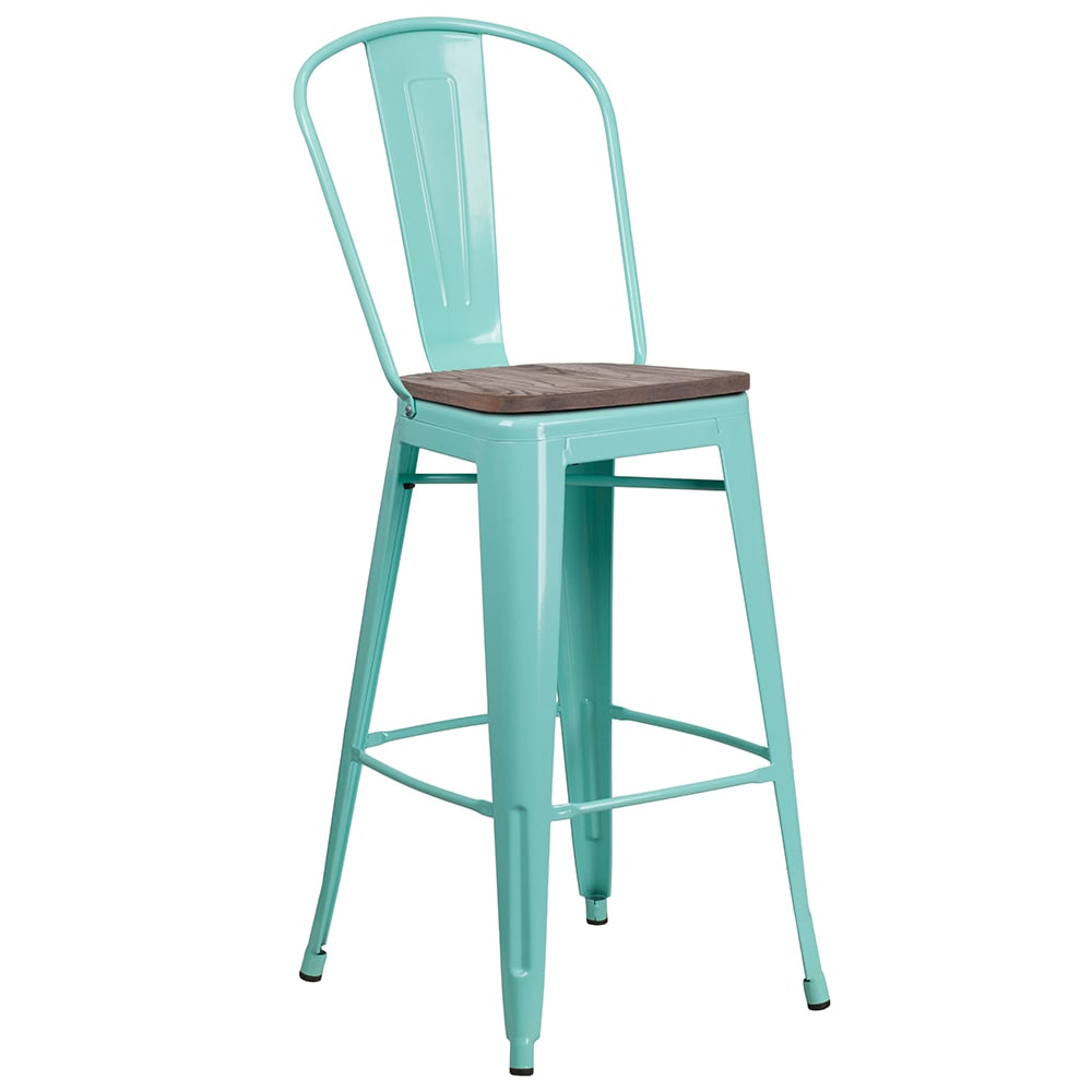 916-ET353430MINTWD Bar Stool w/ Curved Back & Wood Seat, Mint