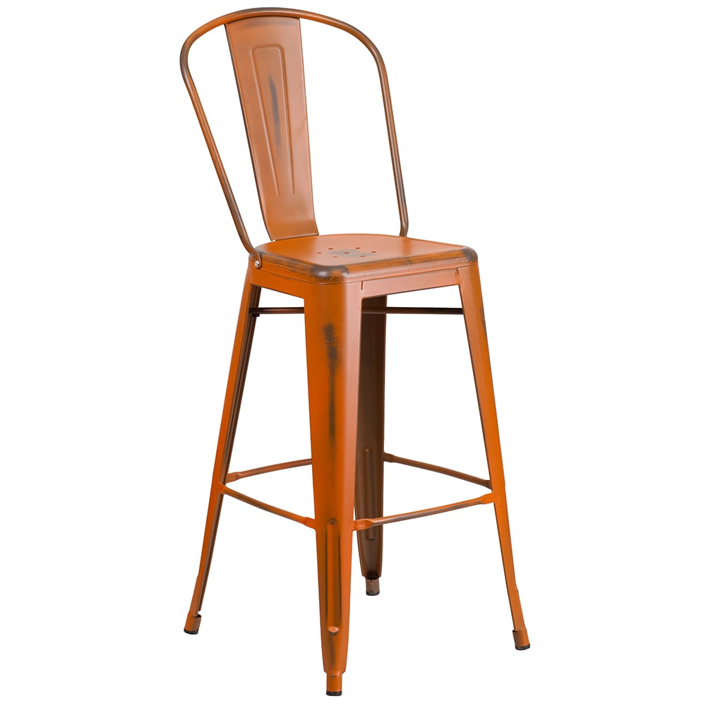 916-ET353430OR Bar Stool w/ Curved Back & Metal Seat, Distressed Orange