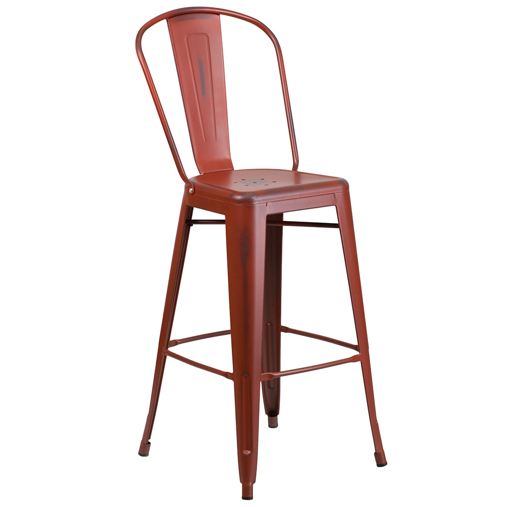 916-ET353430RD Bar Stool w/ Curved Back & Metal Seat, Distressed Kelly Red