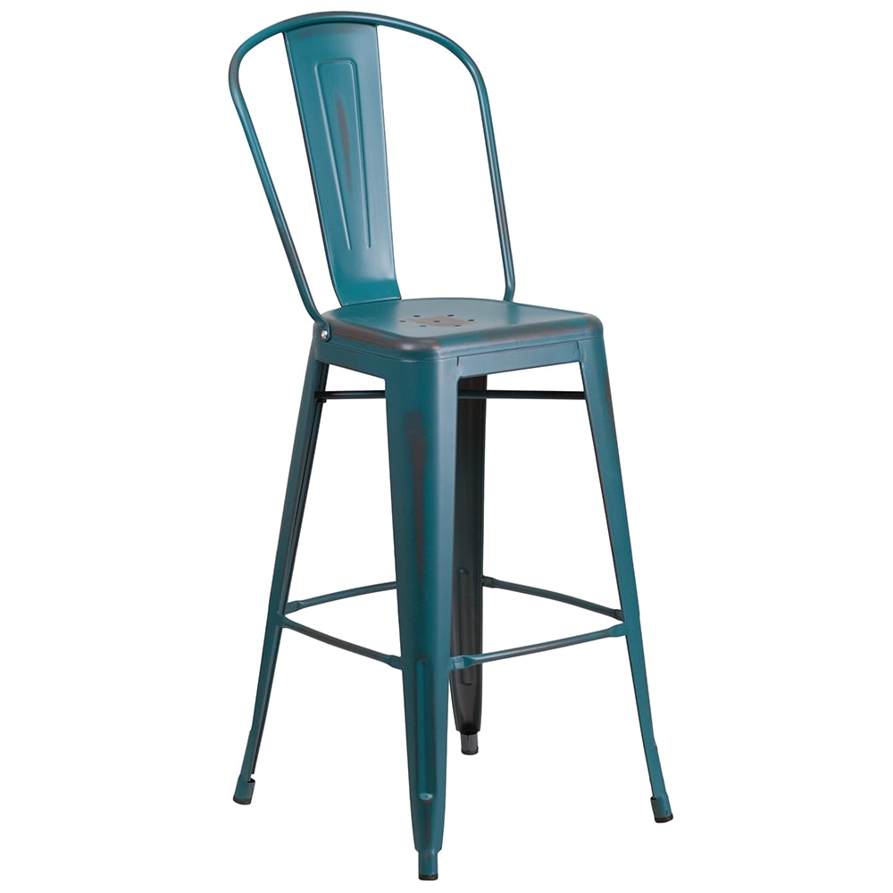 916-ET353430KB Bar Stool w/ Curved Back & Metal Seat, Distressed Kelly Blue